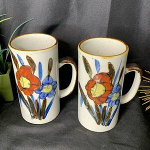 Set of 2 vintage /retro Otagiri tall speckled stoneware mugs with floral pattern